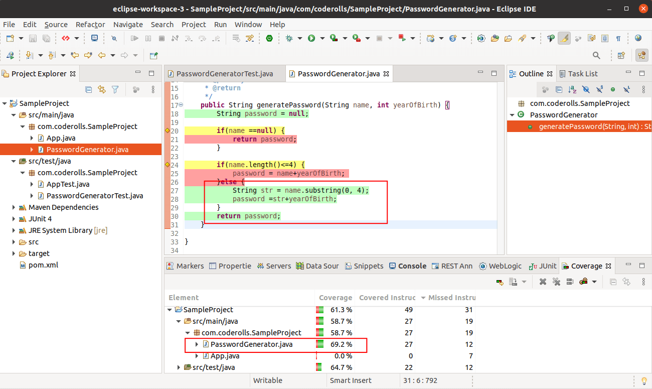 Green, Yellow and Red lines showing code coverage in eclipse