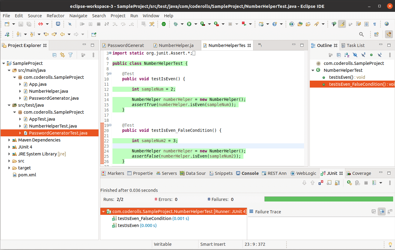 NumberHelperTest.java code and showing both test passed